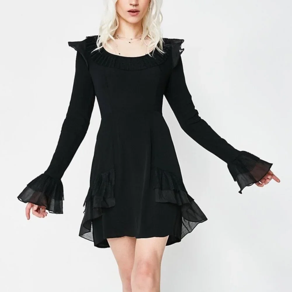 Free People For Love & Lemons Mini Dress XS Flare Sleeve Ruffles Black Prom Grad - Picture 1 of 16